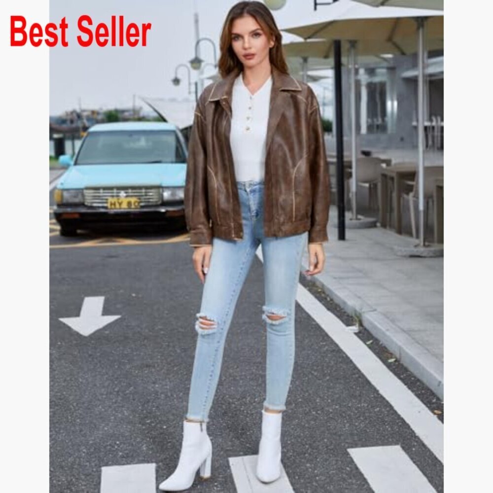 Faux Leather Jacket Loose Fit Moto Biker Zip Up - Picture 5 of 7